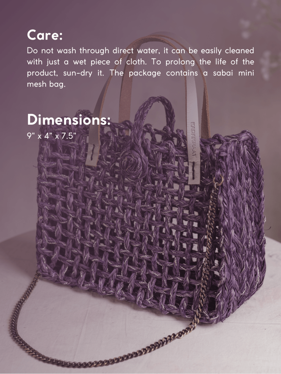 Handmade Sabai Grass Zari Mini Mesh Bag with Silver Handle - Lavender - Kadam Haat