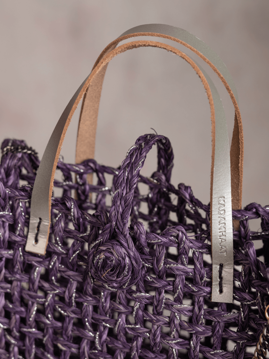 Handmade Sabai Grass Zari Mini Mesh Bag with Silver Handle - Lavender - Kadam Haat