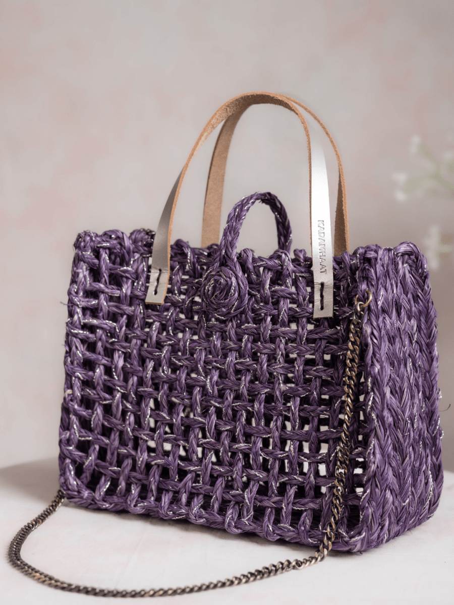 Handmade Sabai Grass Zari Mini Mesh Bag with Silver Handle - Lavender - Kadam Haat