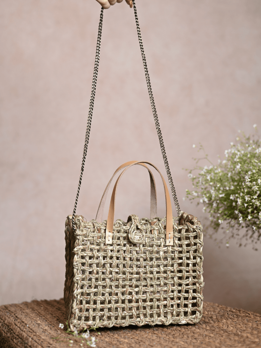 Handmade Sabai Grass Zari Mini Mesh Bag with Silver Handle Pack Of 2 - Kadam Haat