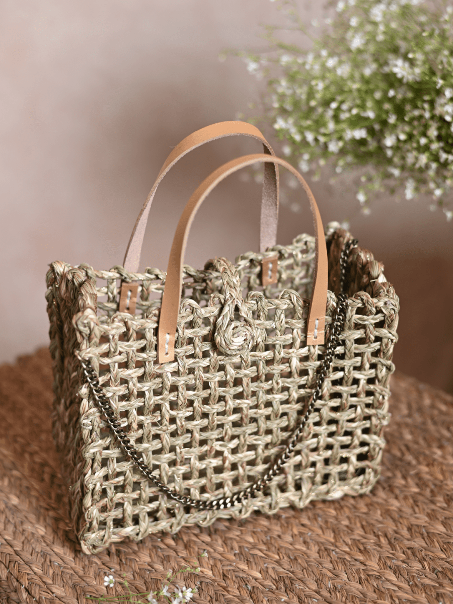 Handmade Sabai Grass Zari Mini Mesh Bag with Silver Handle Pack Of 2 - Kadam Haat