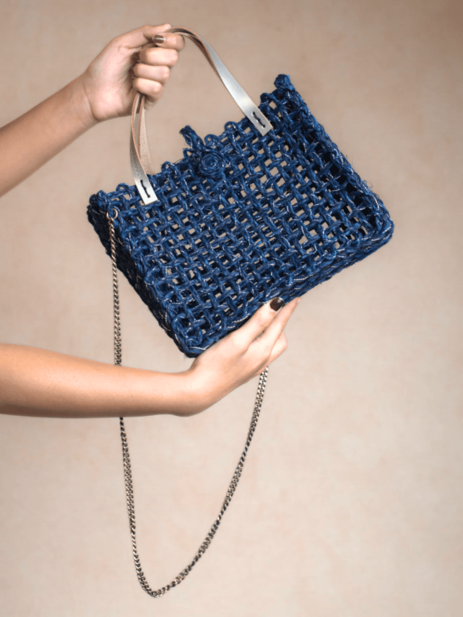 Handmade Sabai Grass Zari Mini Mesh Bag with Silver Handle Pack Of 2 - Kadam Haat