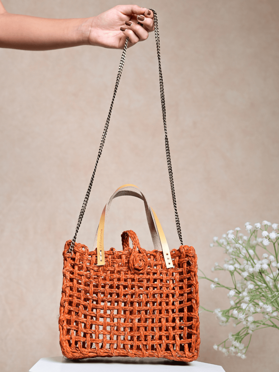 Handmade Sabai Grass Zari Mini Mesh Bag with Silver Handle Pack Of 2 - Kadam Haat