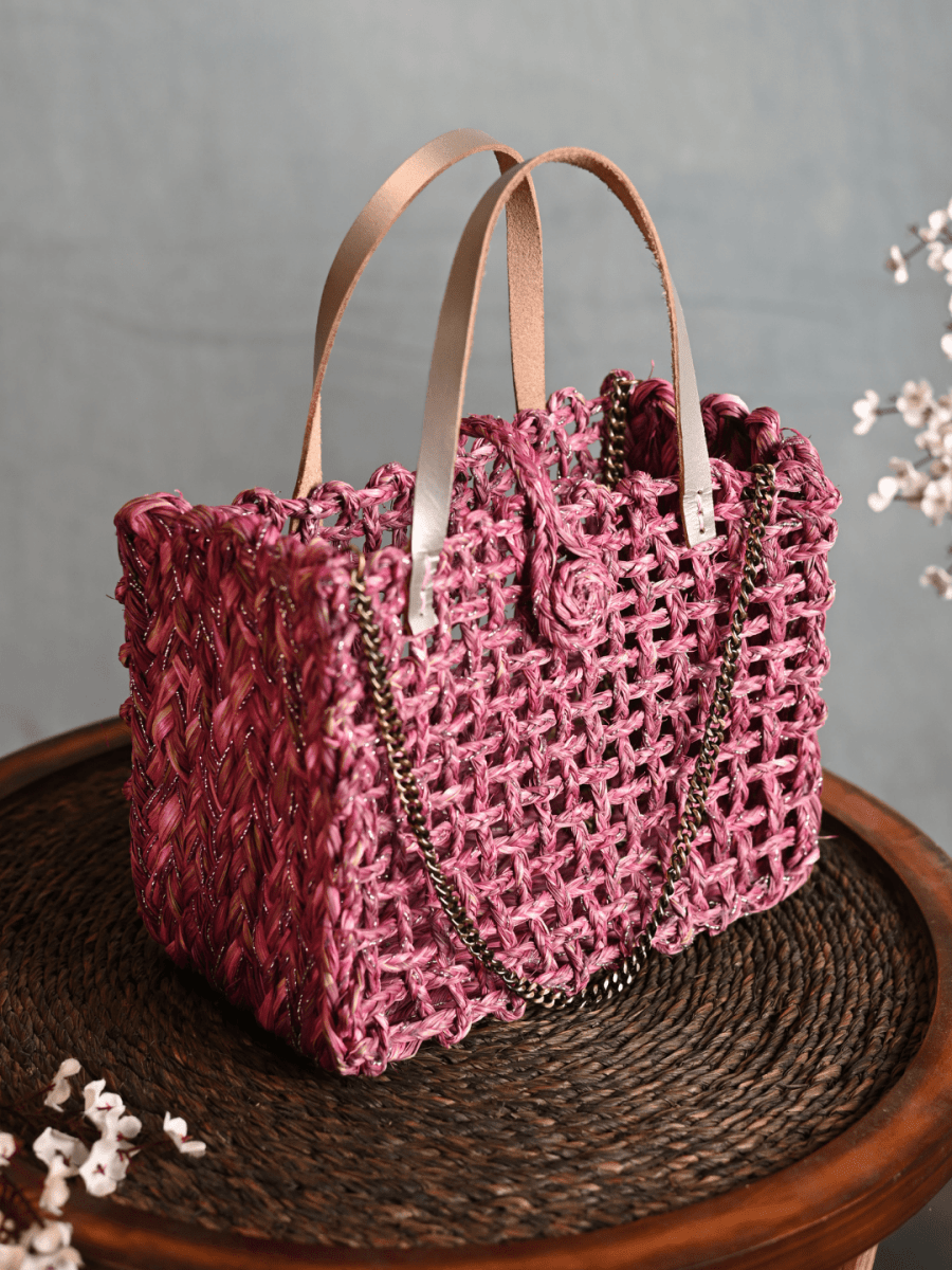Handmade Sabai Grass Zari Mini Mesh Bag with Silver Handle Pack Of 2 - Kadam Haat