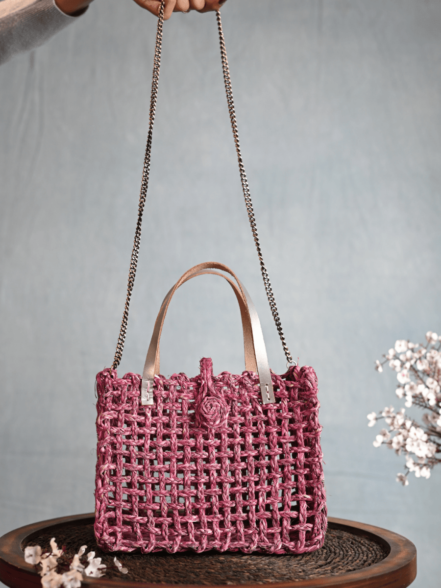 Handmade Sabai Grass Zari Mini Mesh Bag with Silver Handle Pack Of 2 - Kadam Haat
