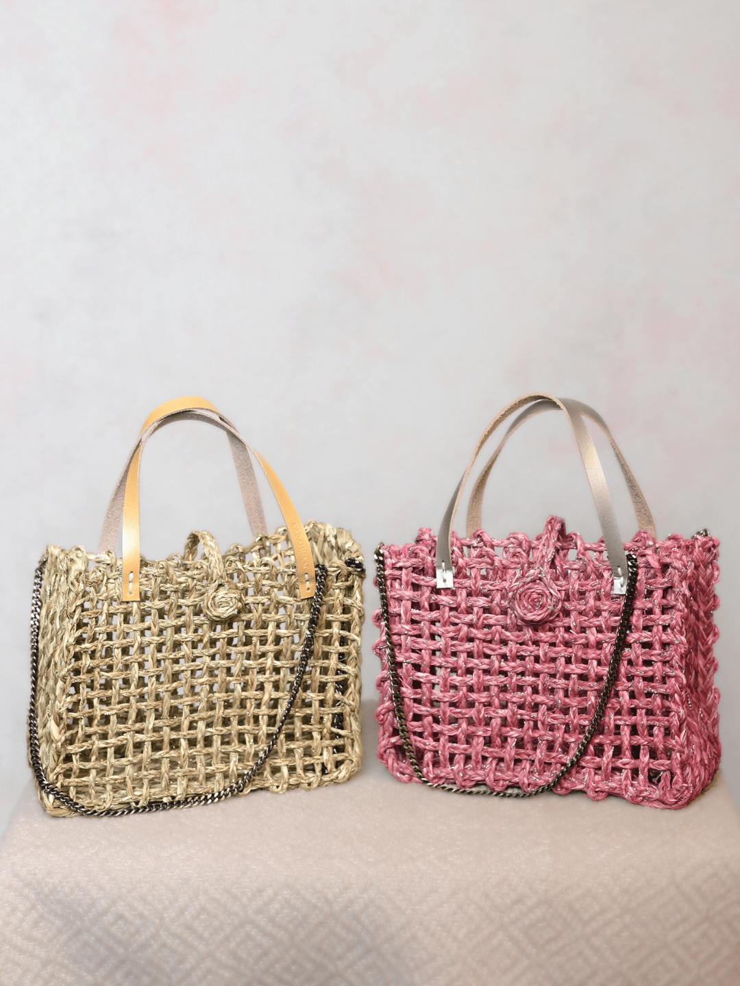 Handmade Sabai Grass Zari Mini Mesh Bag with Silver Handle Pack Of 2 - Kadam Haat