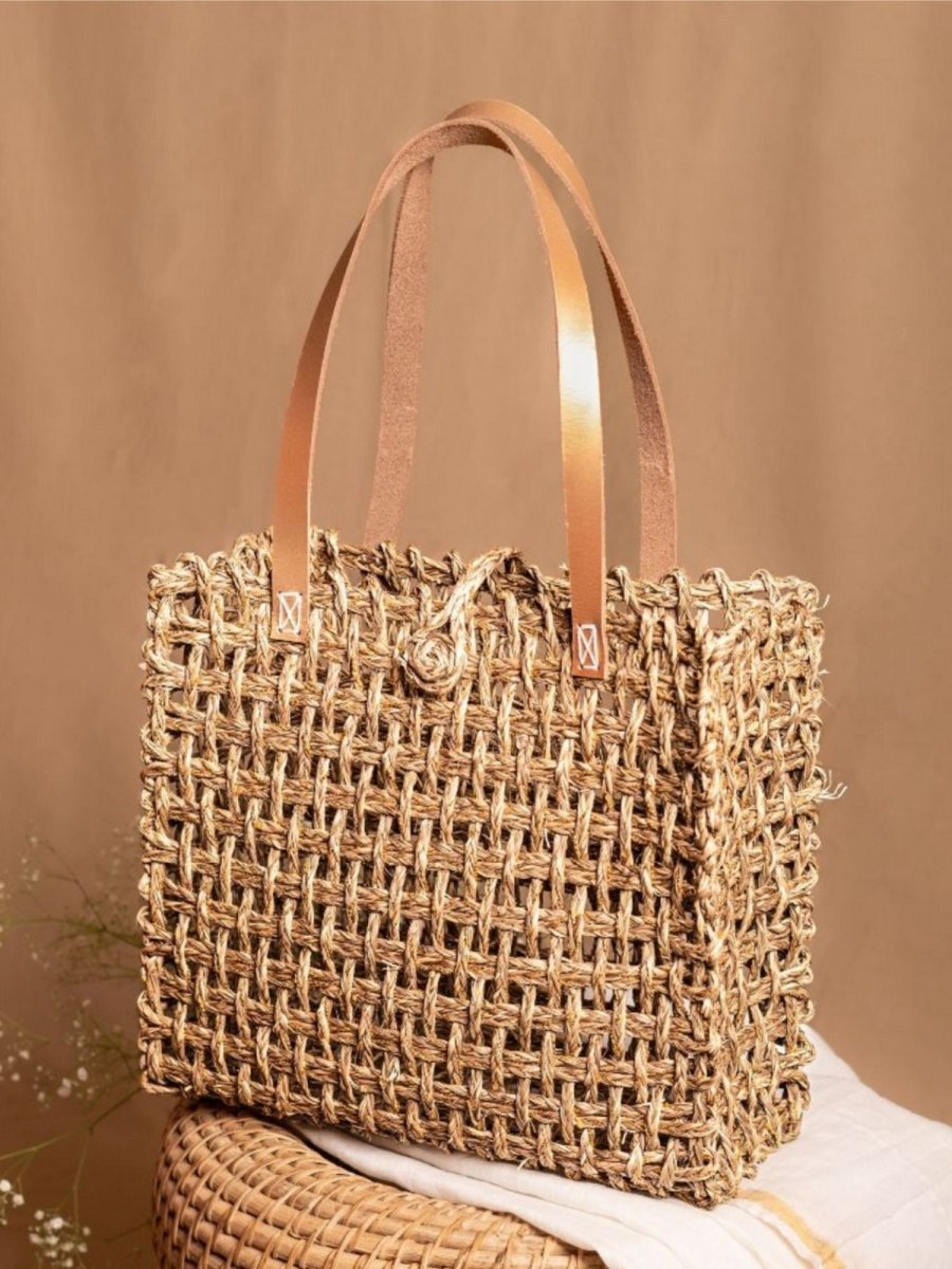 Handmade Sabai Zari Large Mesh Tote Bag - Kadam Haat