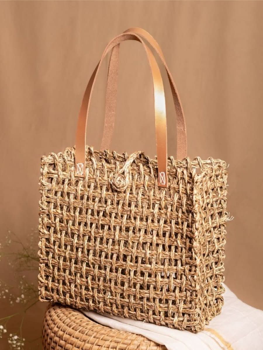 Handmade Sabai Zari Large Mesh Tote Bag - Kadam Haat