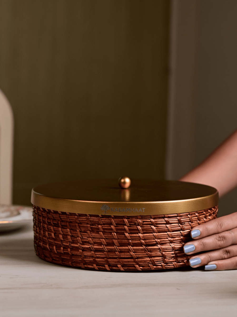 Handmade Sikki Roti Box with Golden Metal Lid - Kadam Haat