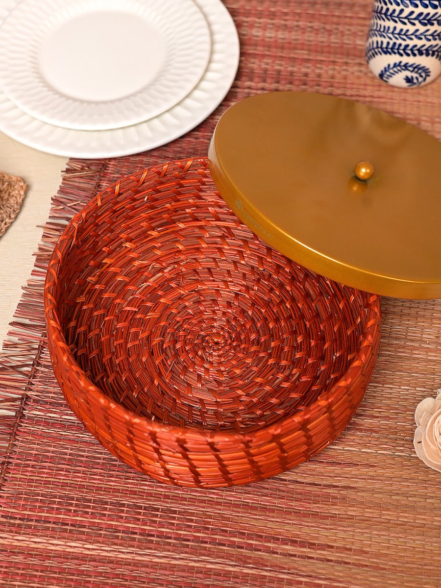 Handmade Sikki Roti Box with Golden Metal Lid - Kadam Haat