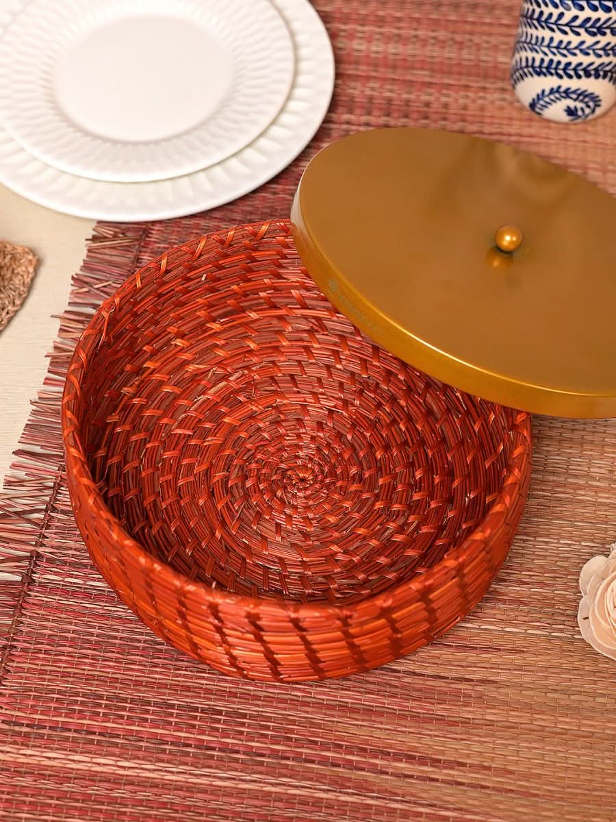 Handmade Sikki Roti Box with Golden Metal Lid - Kadam Haat