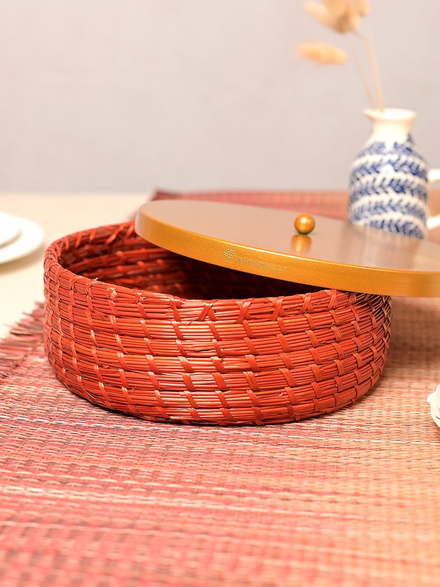 Handmade Sikki Roti Box with Golden Metal Lid - Kadam Haat