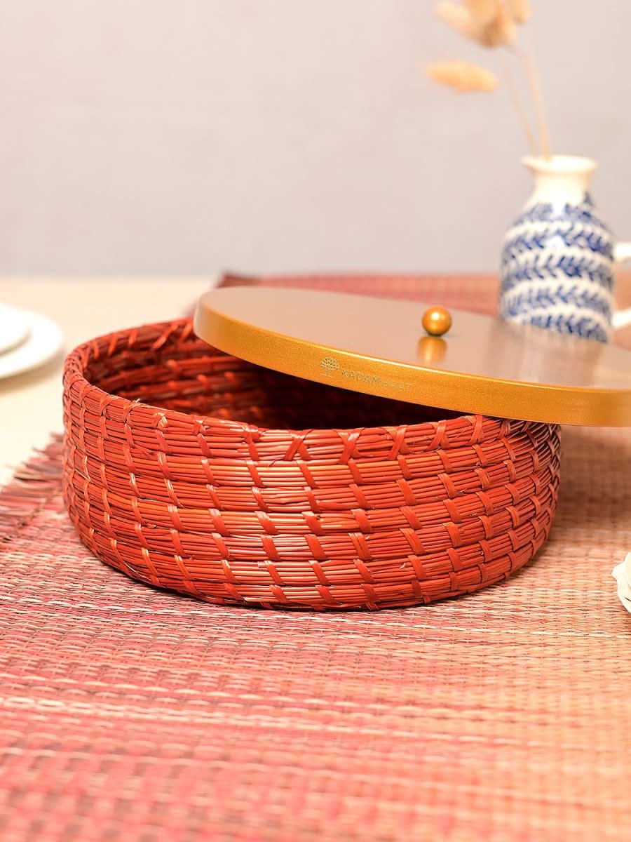 Handmade Sikki Roti Box with Golden Metal Lid - Kadam Haat