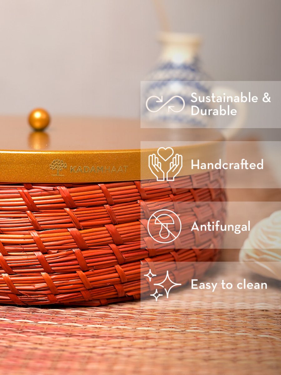 Handmade Sikki Roti Box with Golden Metal Lid - Kadam Haat