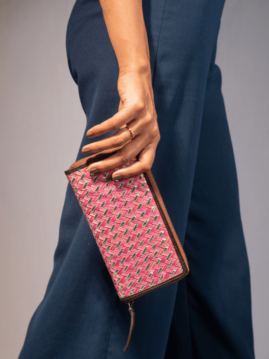 Handmade Sitalpati Zari Wallet - Pink - Kadam Haat