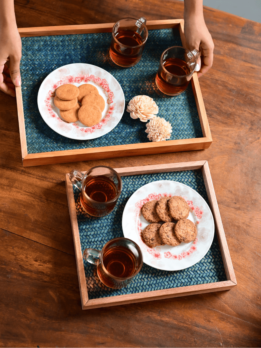 Handmade Small Ocean Blue Sitalpati Tray - Kadam Haat