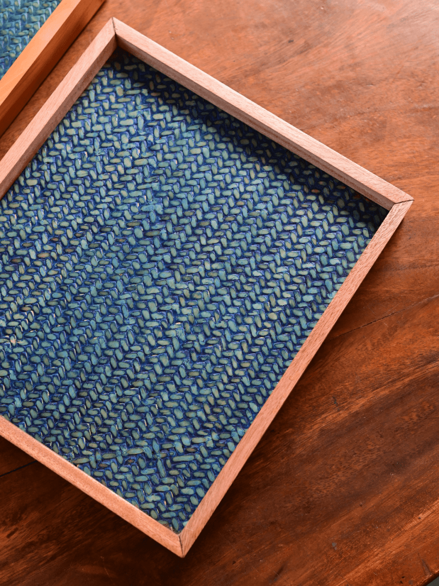 Handmade Small Ocean Blue Sitalpati Tray - Kadam Haat