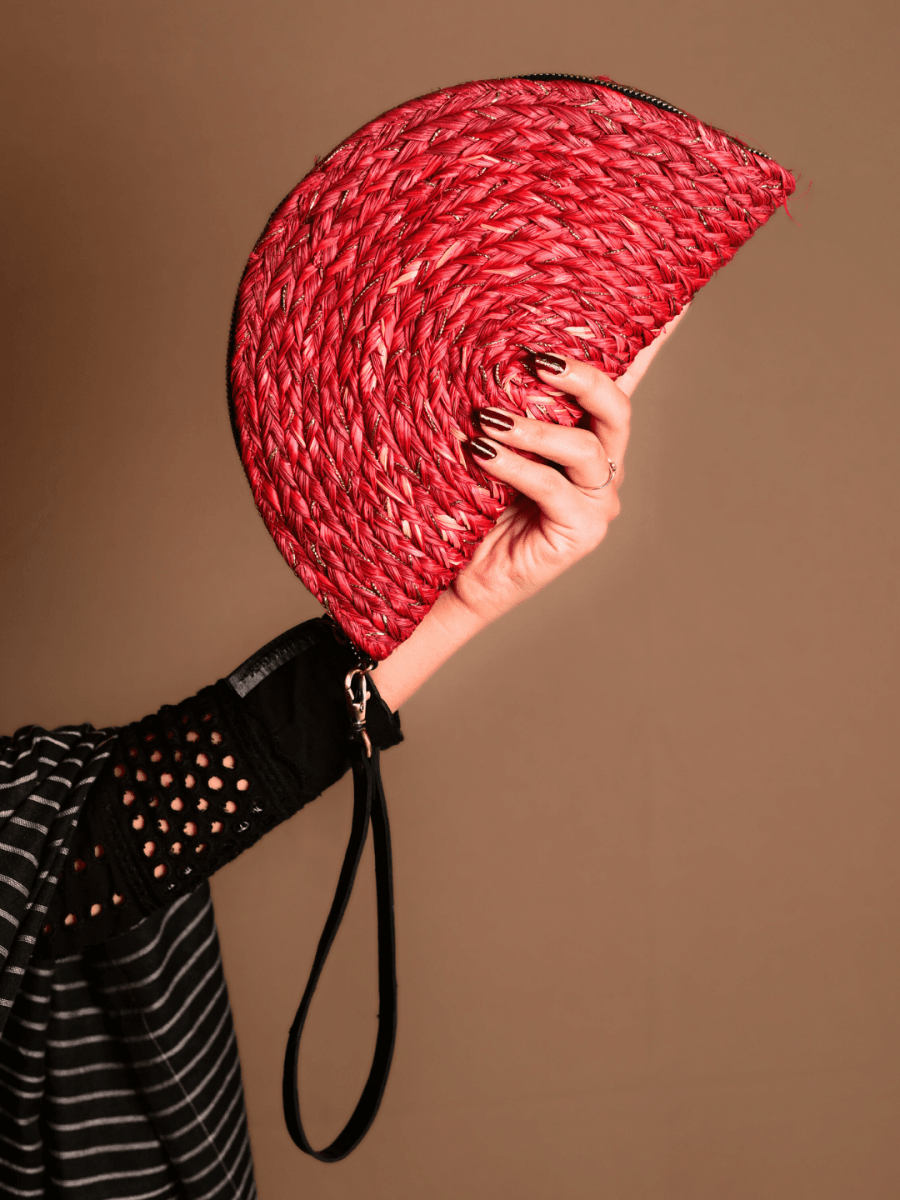 Handmade Zari Moon Clutch - Red Gold - Kadam Haat