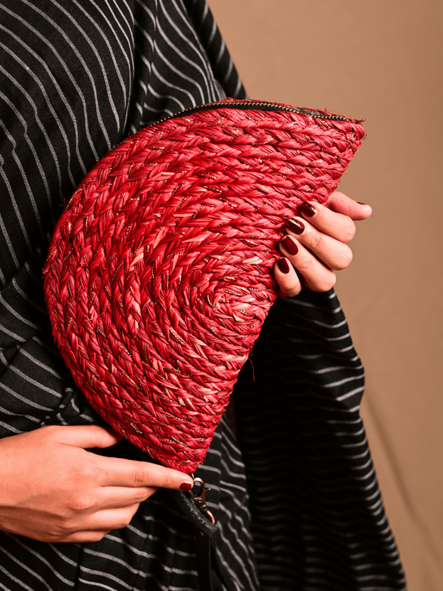 Handmade Zari Moon Clutch - Red Gold - Kadam Haat