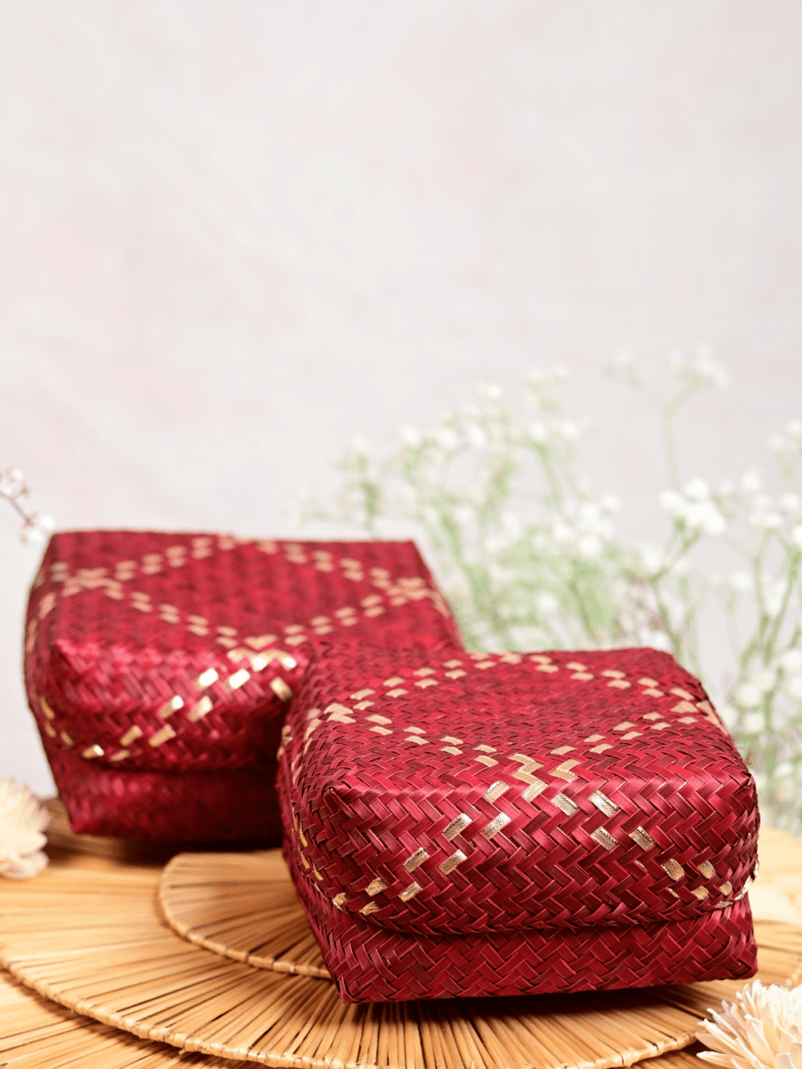 Handmade Zari Sitalpati Cranberry Gift Box Small - Kadam Haat