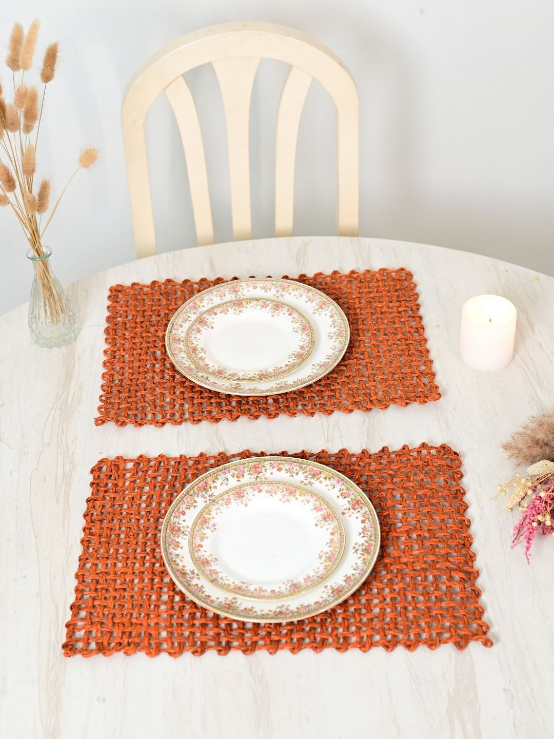 Handmade Sabai Grass Table Mat - Rectangular Set of 6, Orange