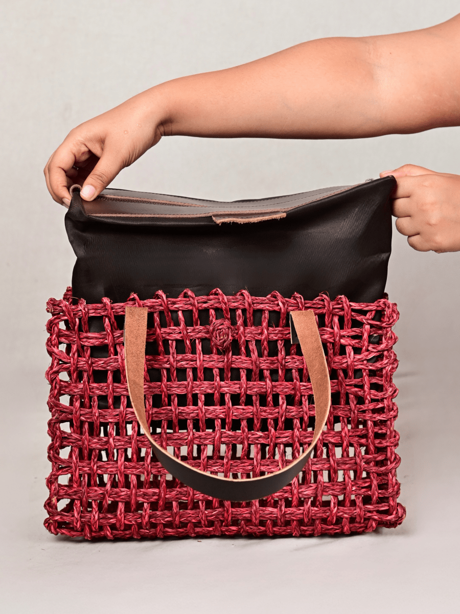 Sabai Grass Mesh Tote Bag – Small – Wine - Kadam Haat