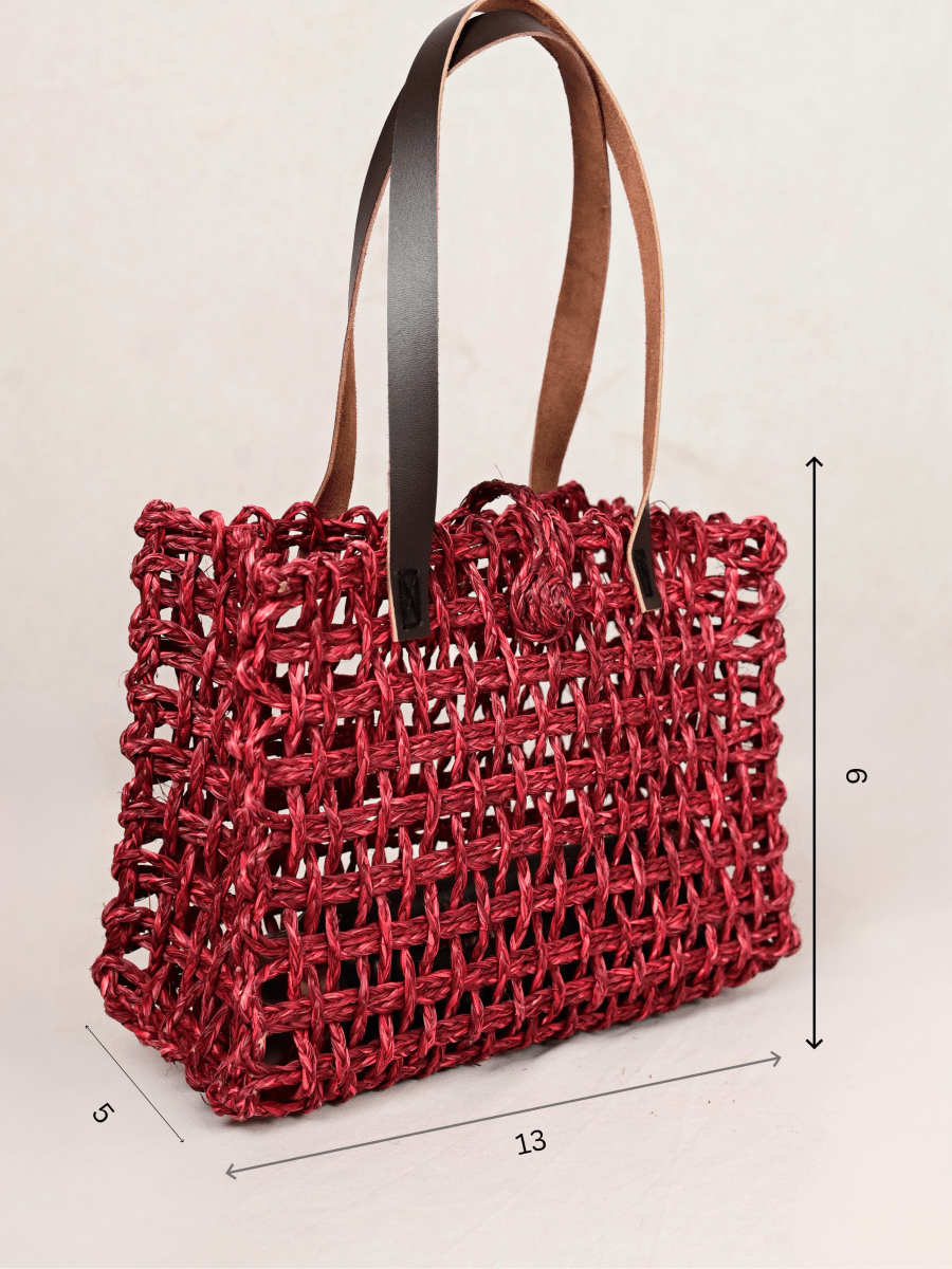 Sabai Grass Mesh Tote Bag – Small – Wine - Kadam Haat