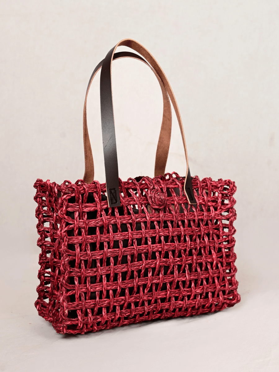 Sabai Grass Mesh Tote Bag – Small – Wine - Kadam Haat