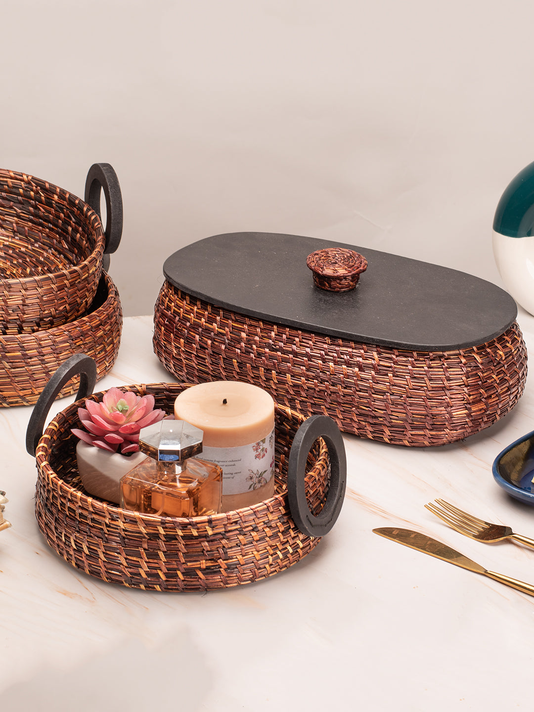 Handmade Sikki Bread Box with Multi-Purpose Tray Set