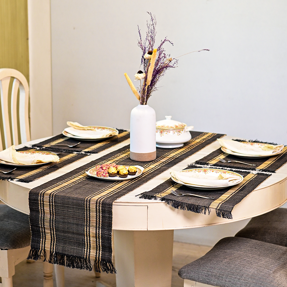 Handmade Madurkathi Table runner - Charcoal Sands