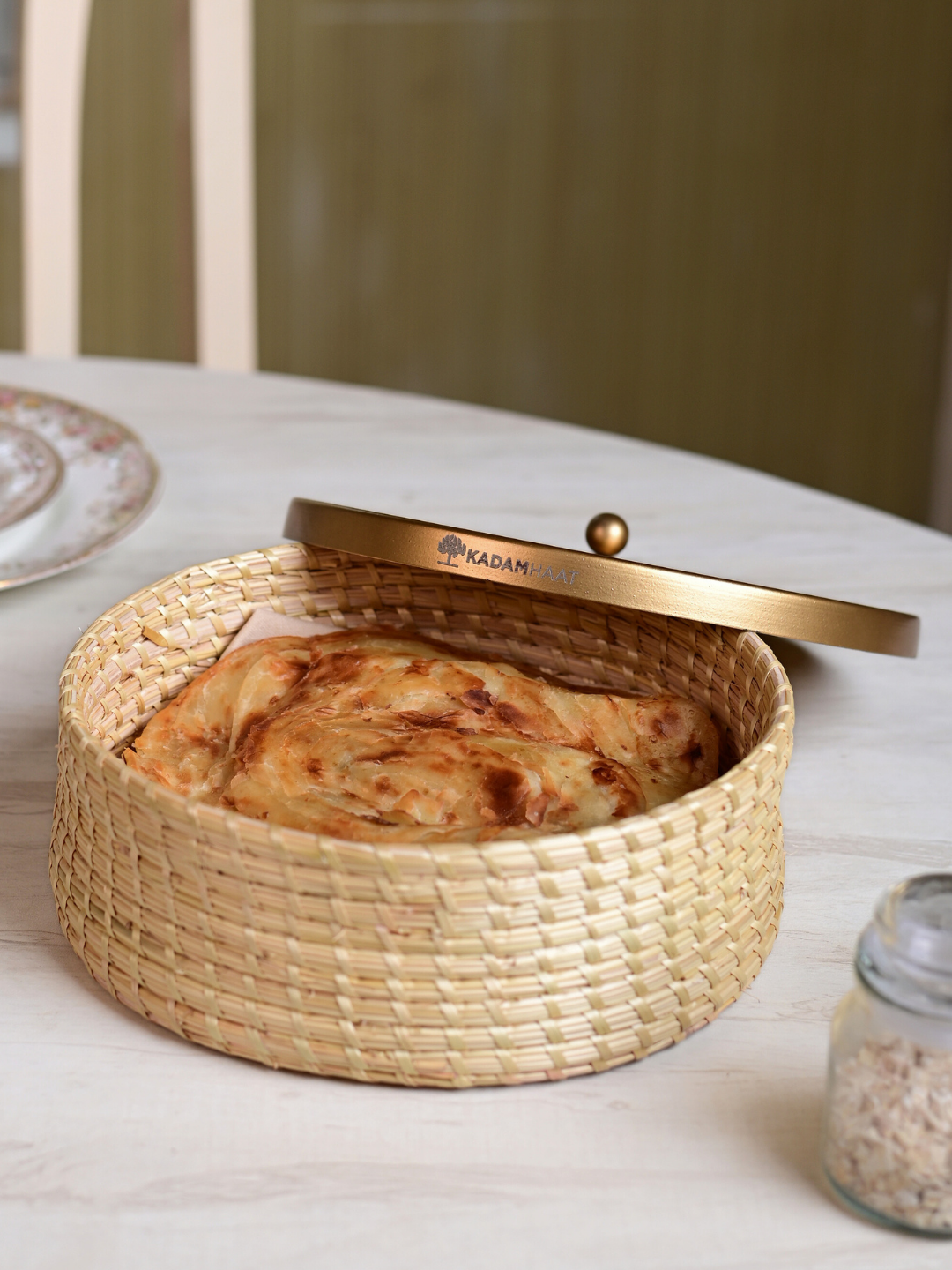 Handmade Sikki Roti Box with Golden Metal Lid - Natural