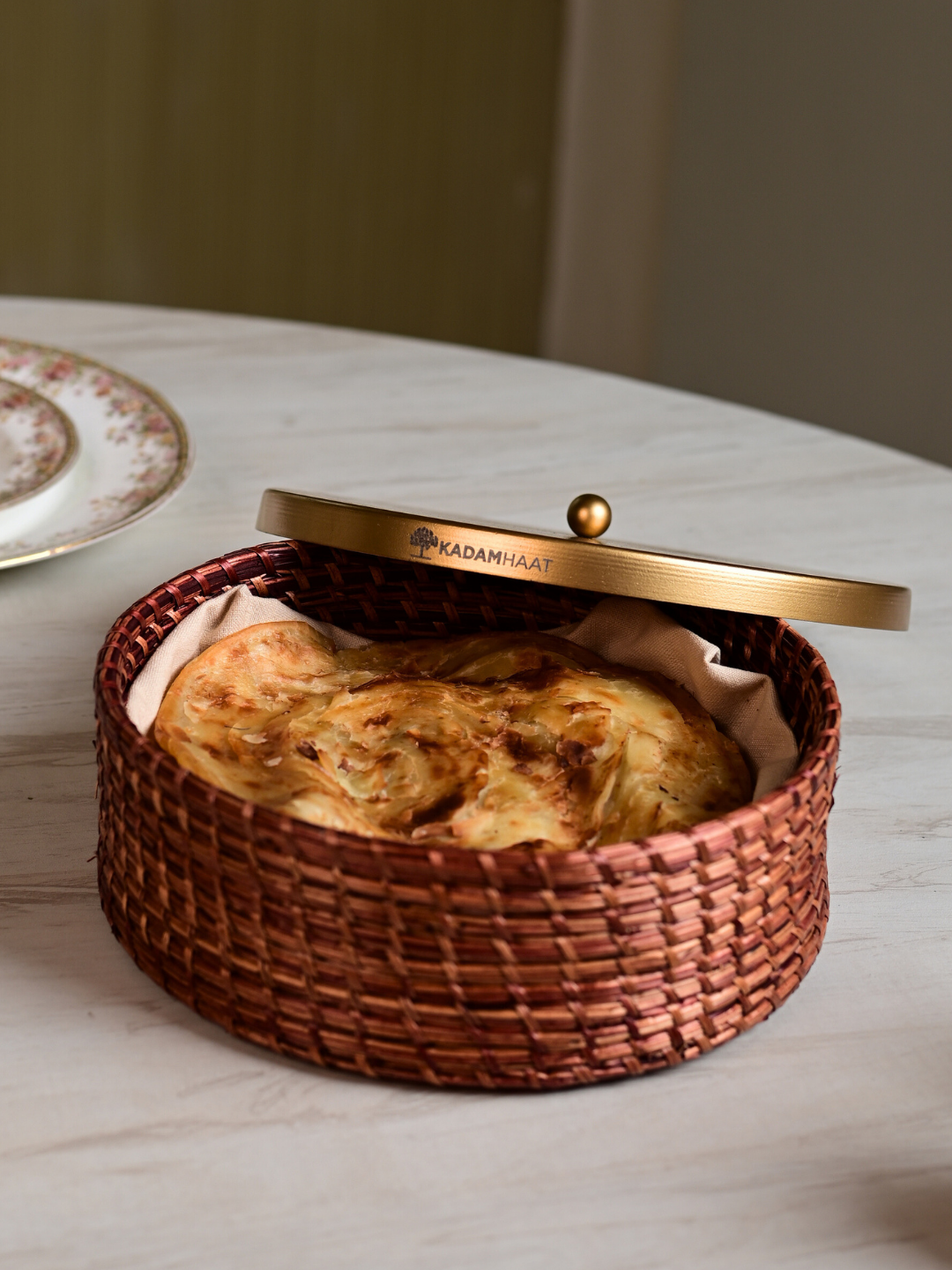 Handmade Sikki Roti Box with Golden Metal Lid - Brown