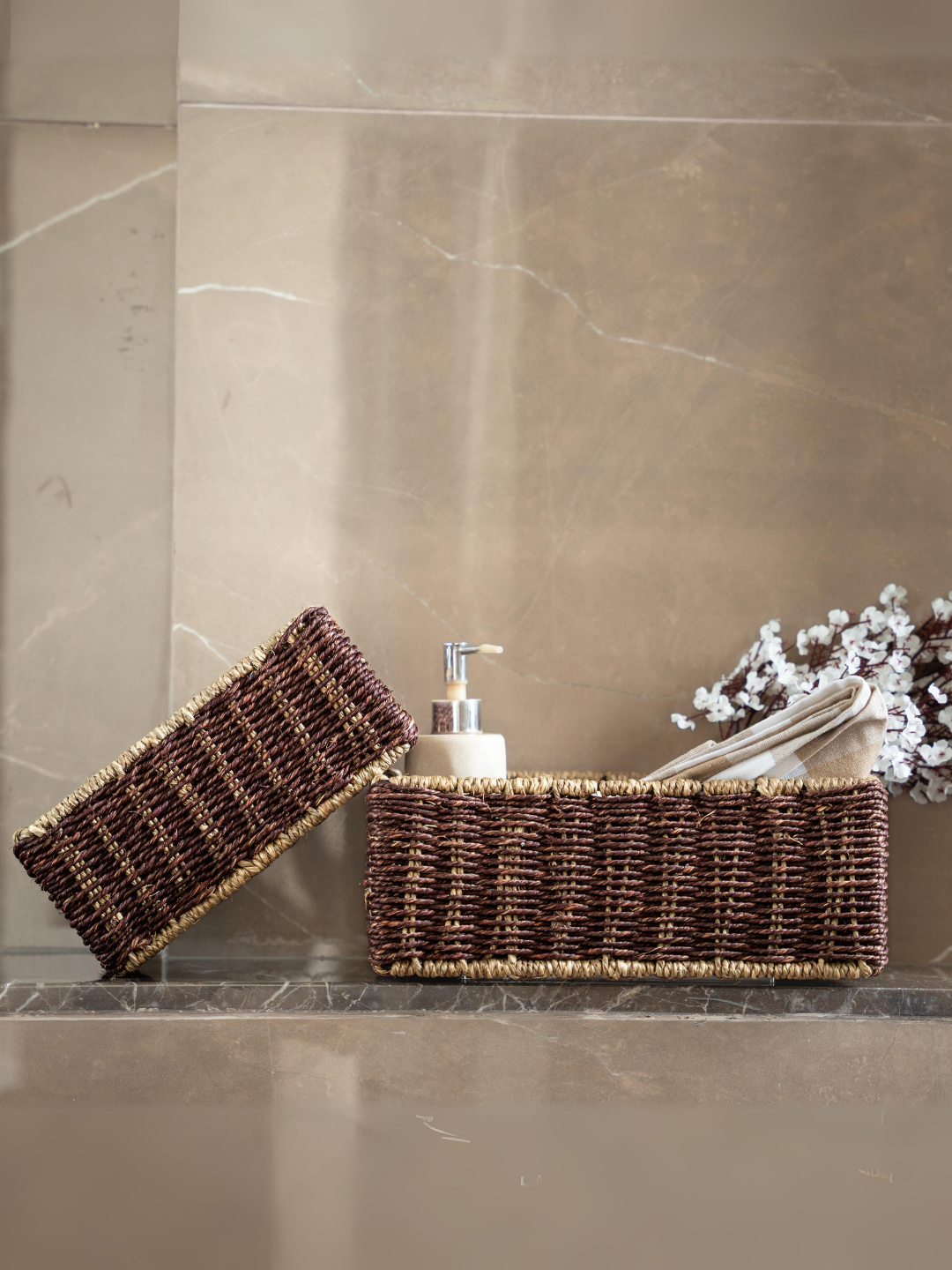 Handmade Sabai Grass Towel Basket- Combo/Brown