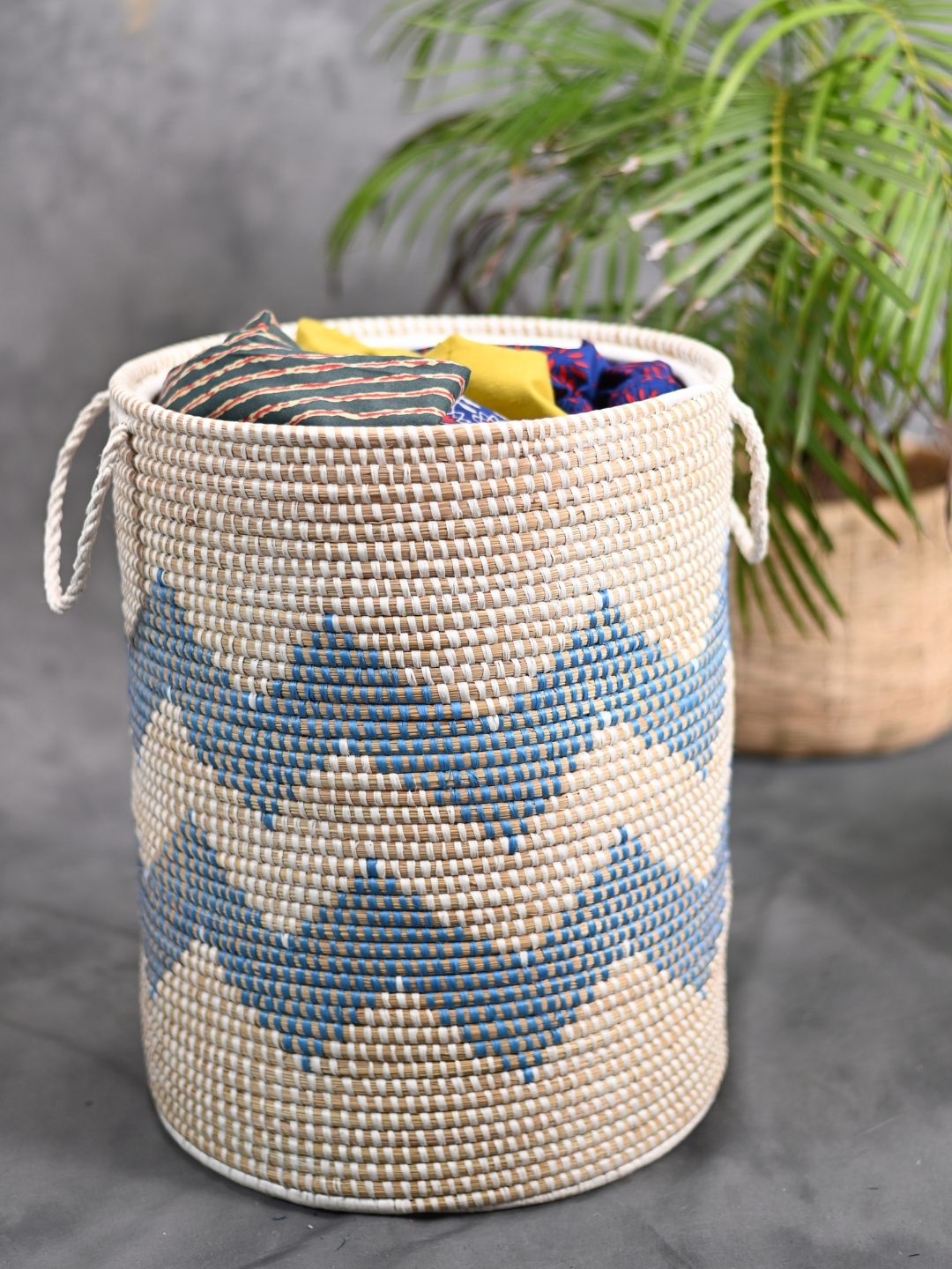 Handmade Moonj Grass Laundry Basket - Indigo-Wave