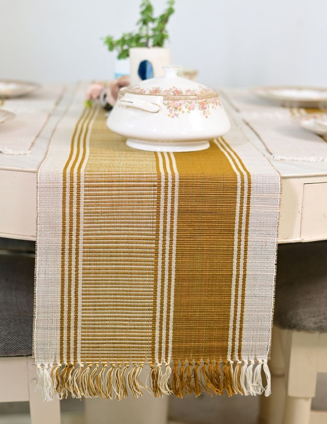 Handmade Madurkathi Table Runner - Amber Mustard