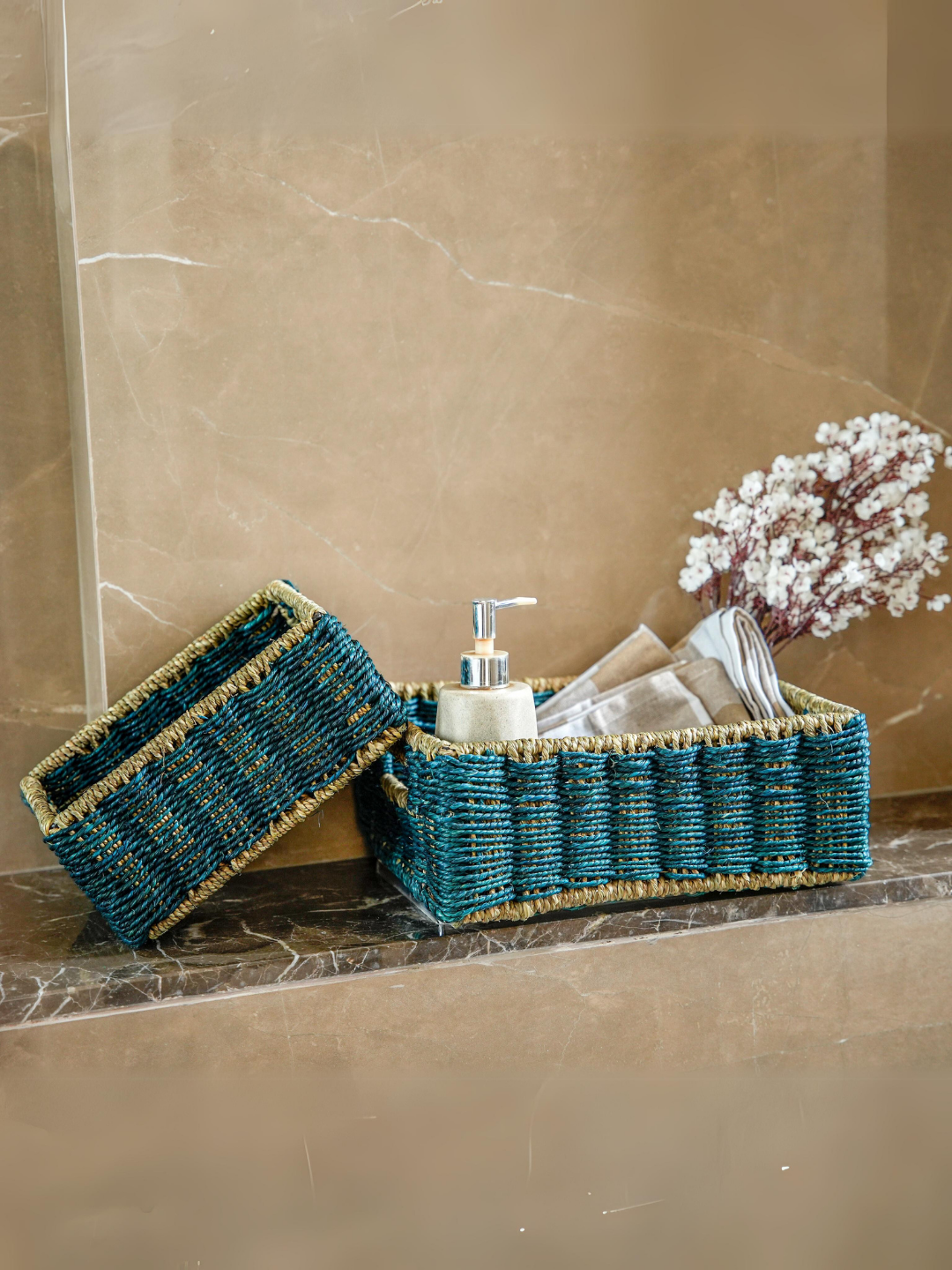 Handmade Sabai Grass Towel Basket- Combo/Indigo