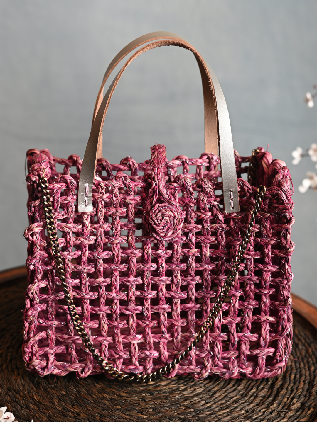 Handmade Sabai Grass Mini Zari Mesh Bag - Pink