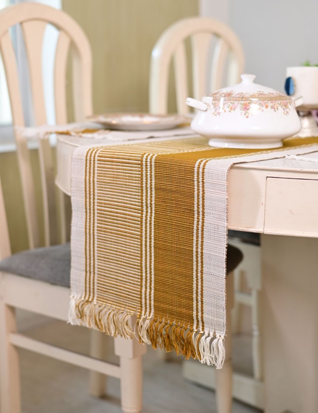 Handmade Madurkathi Table Runner - Amber Mustard