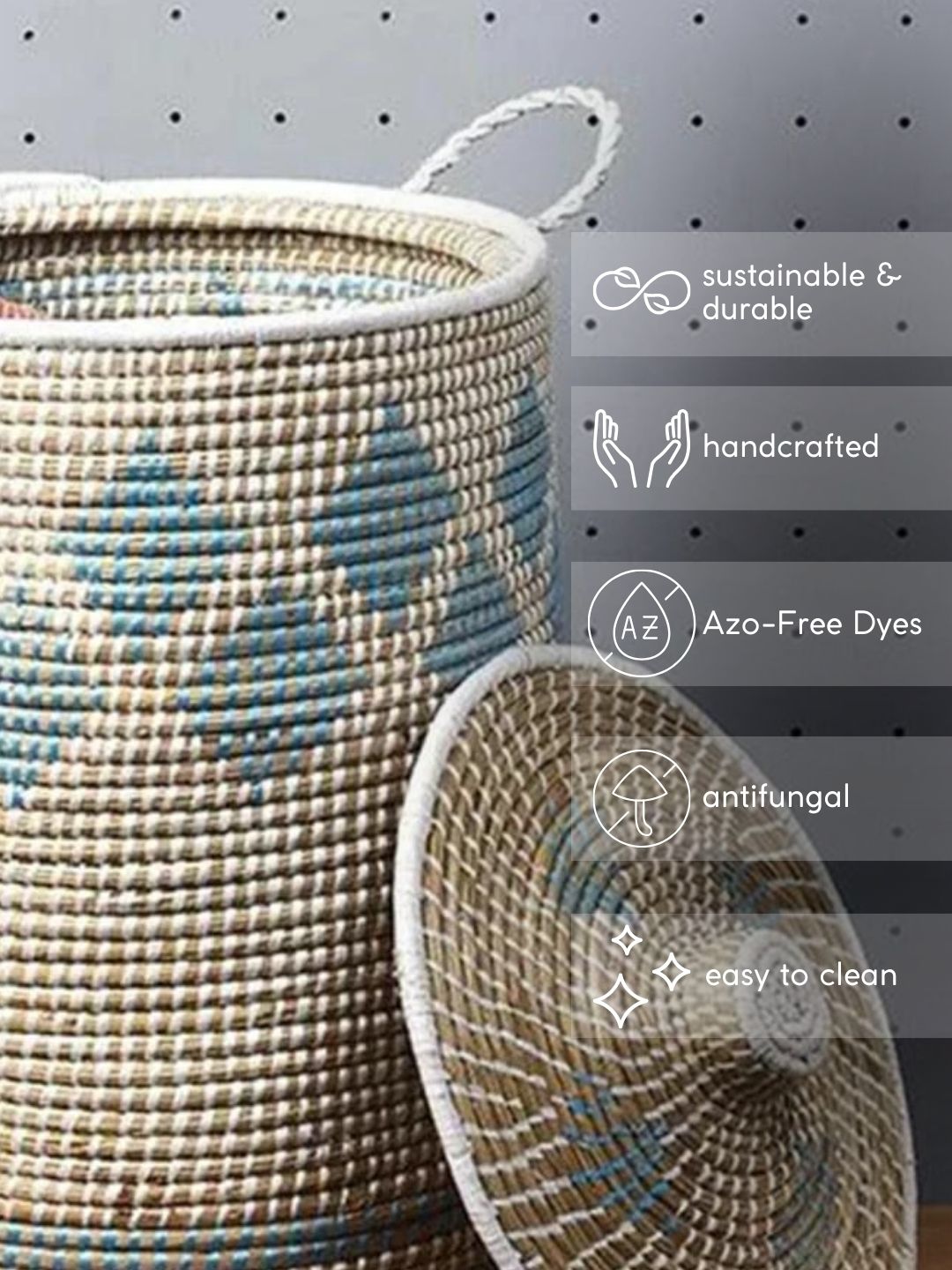 Handmade Moonj Grass Laundry Basket - Indigo-Diamond