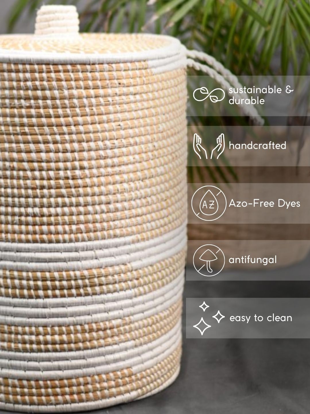 Handmade Moonj Grass Laundry Basket - White-Line