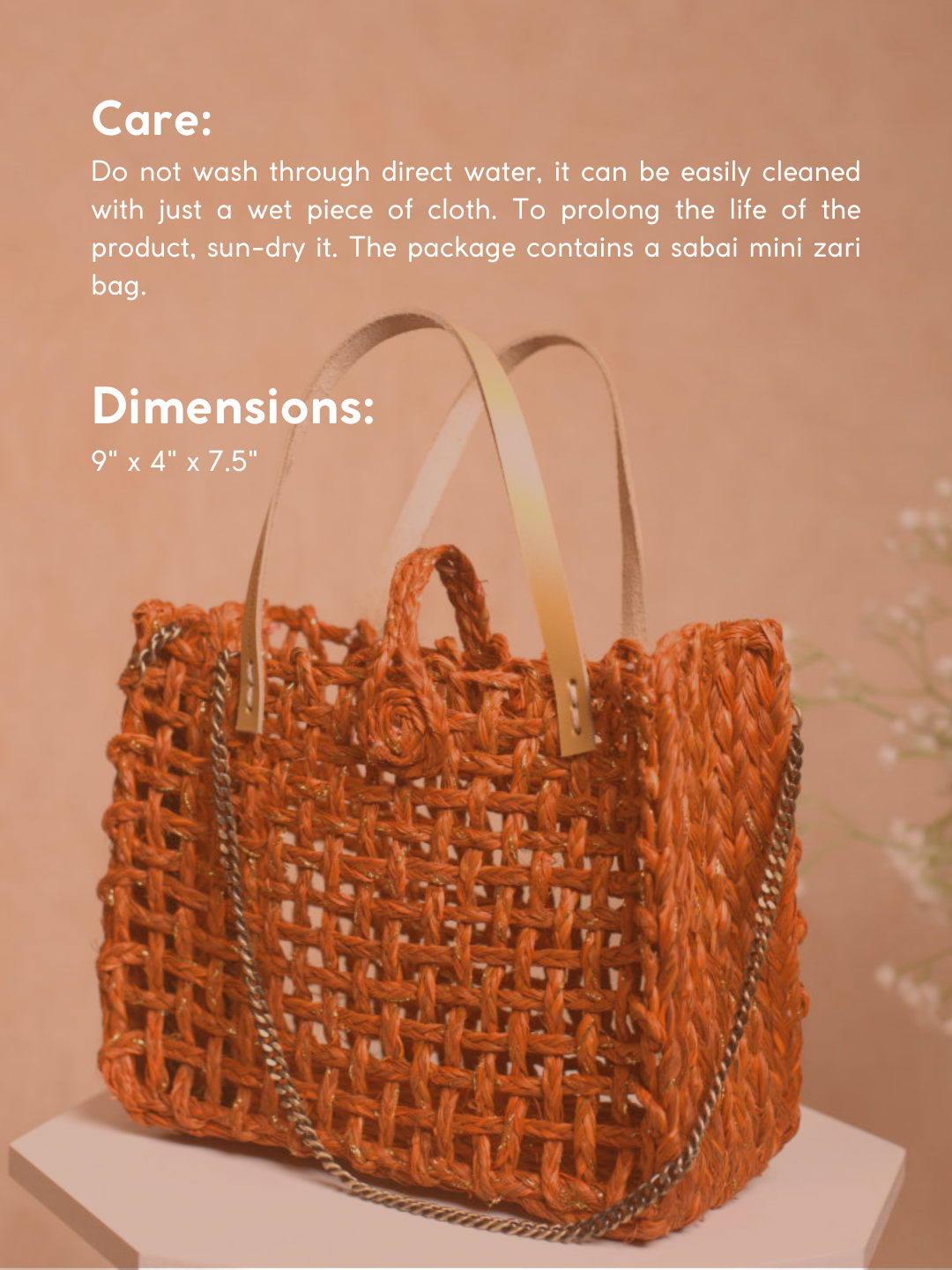 Handmade Sabai Grass Zari Mini Mesh Bag - Orange Gold