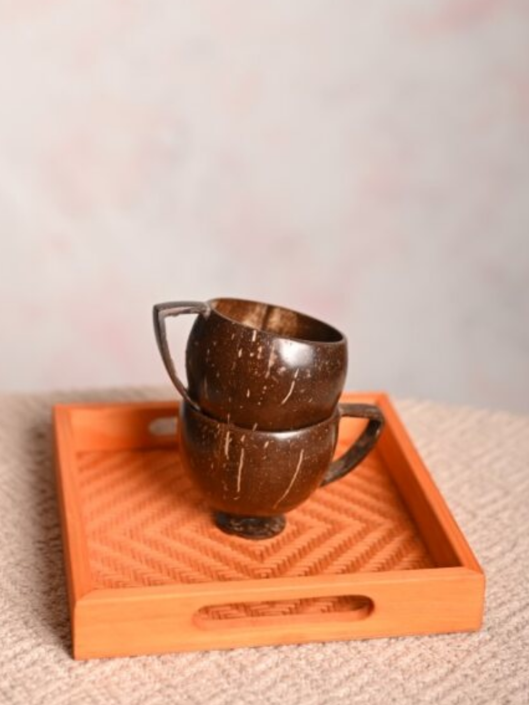 Handmade Coco Cups  (Set of 2) With Square Tray