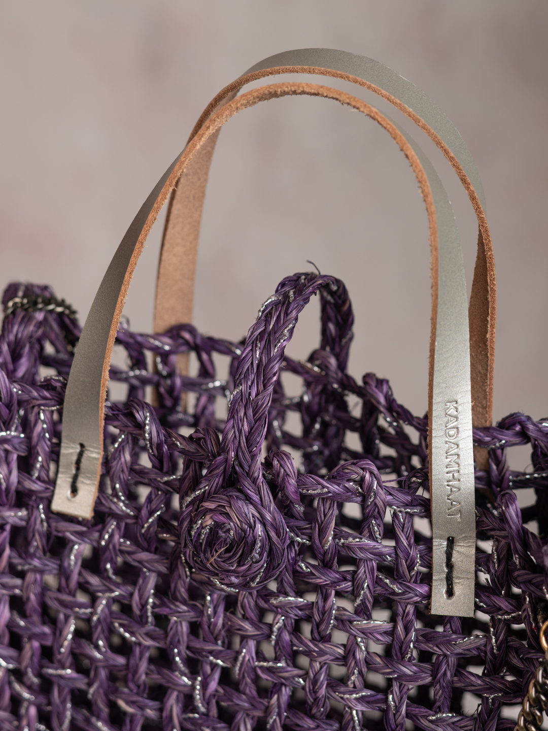 Handmade Sabai Grass Zari Mini Mesh Bag with Silver Handle - Lavender