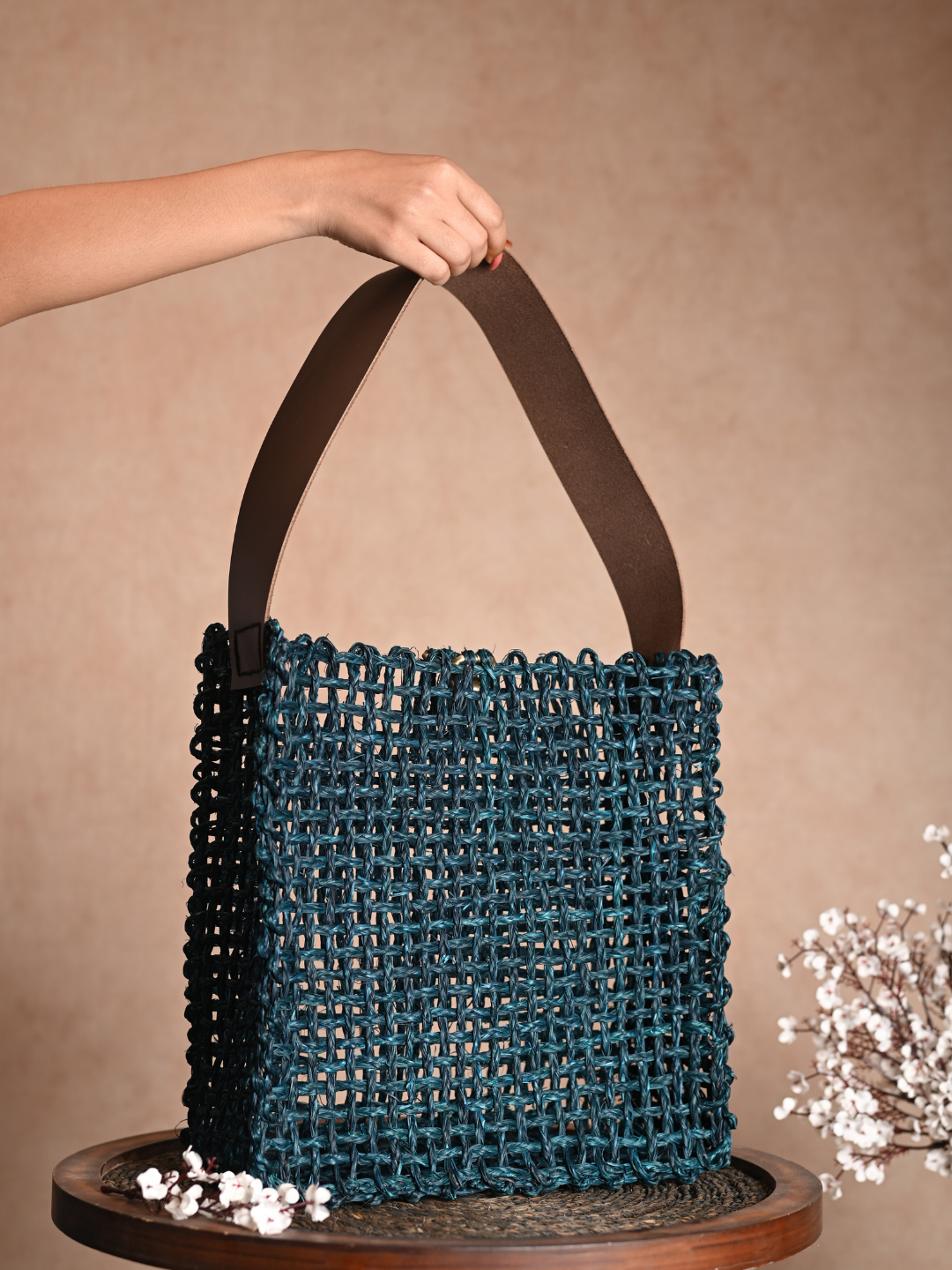 Handmade Sabai Grass Uno Mesh Bag - Indigo