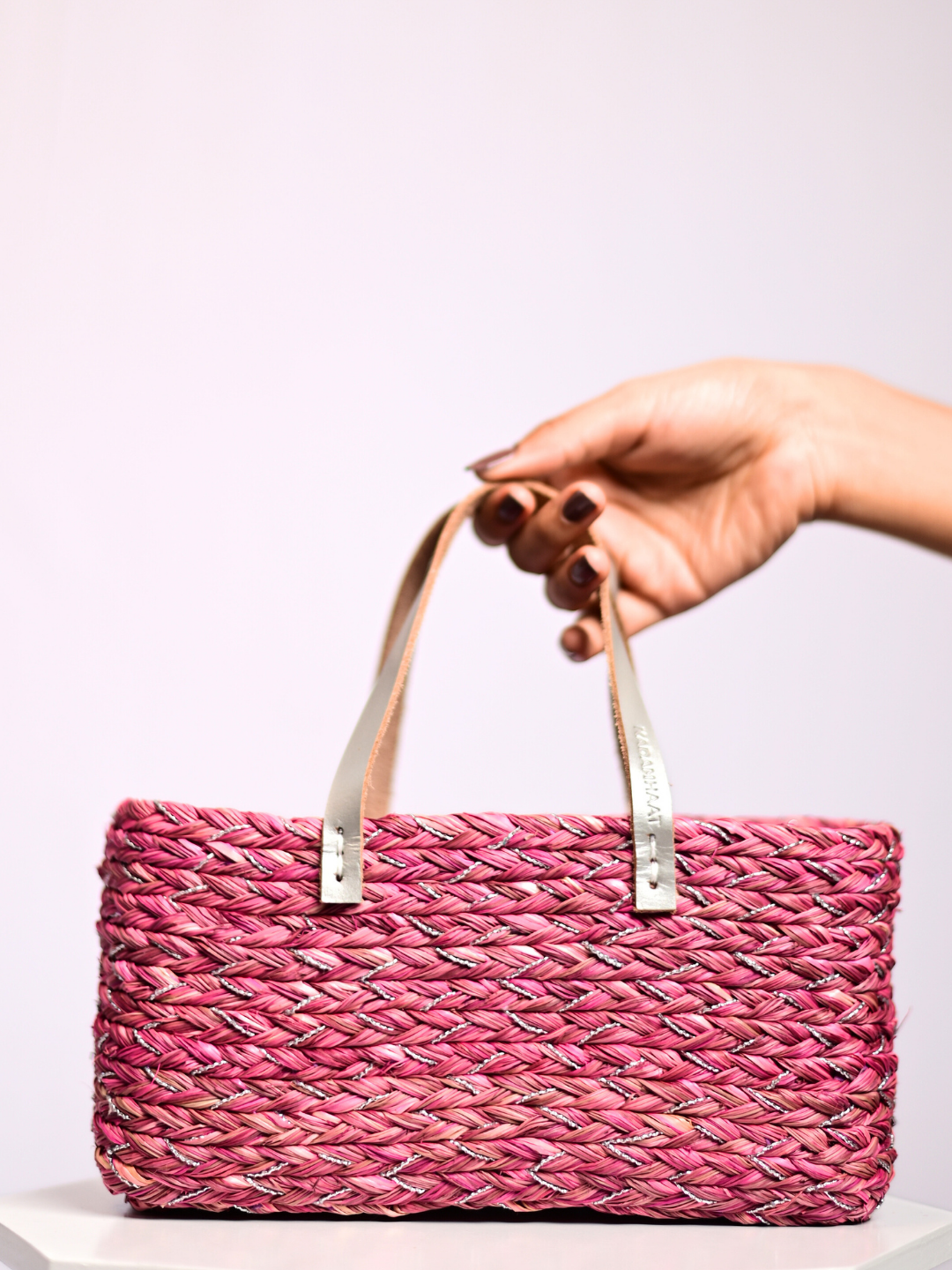 Handmade Sabai Grass Mini Shopping/City Bag - Pink Silver