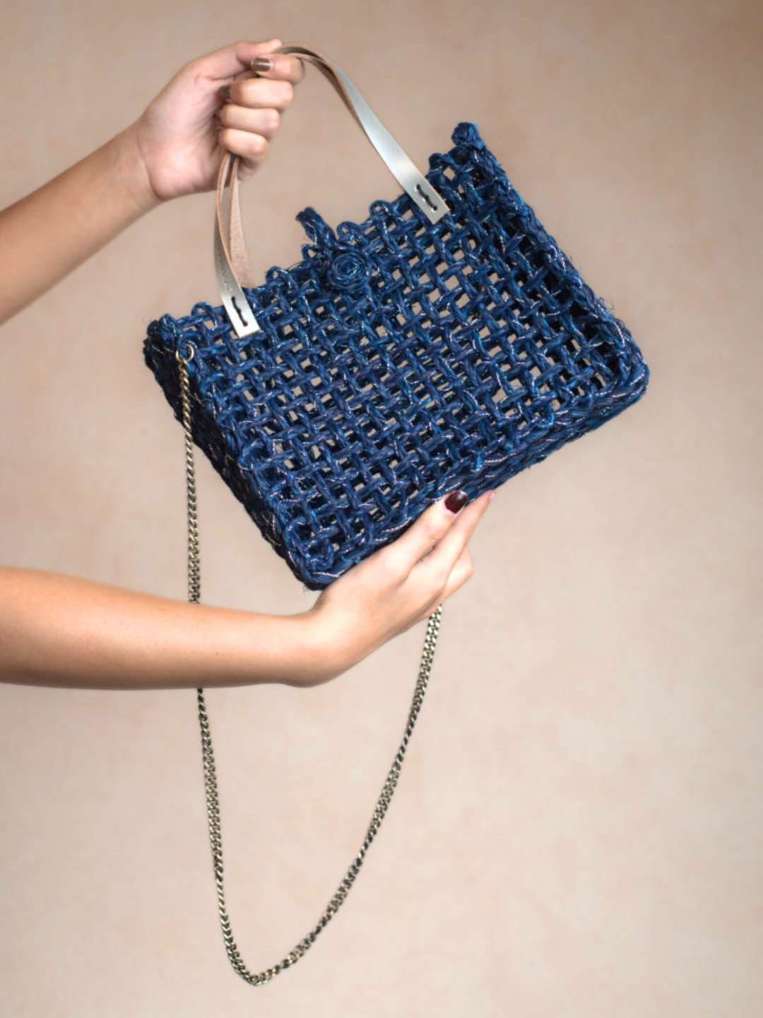 Handmade Sabai Grass Zari Mini Mesh Bag - Neer Silver