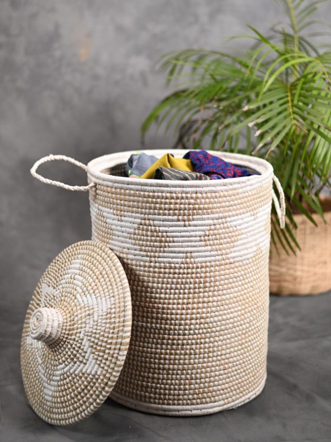 Handmade Moonj Grass Laundry Basket - White-Cross