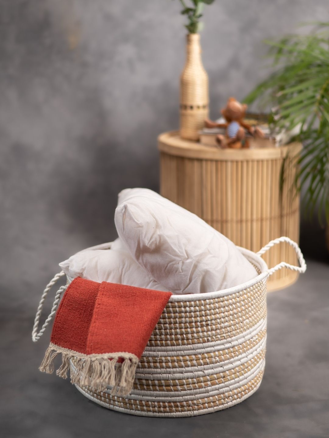 Handmade Moonj Grass Declutter Basket - White-Centre Strip