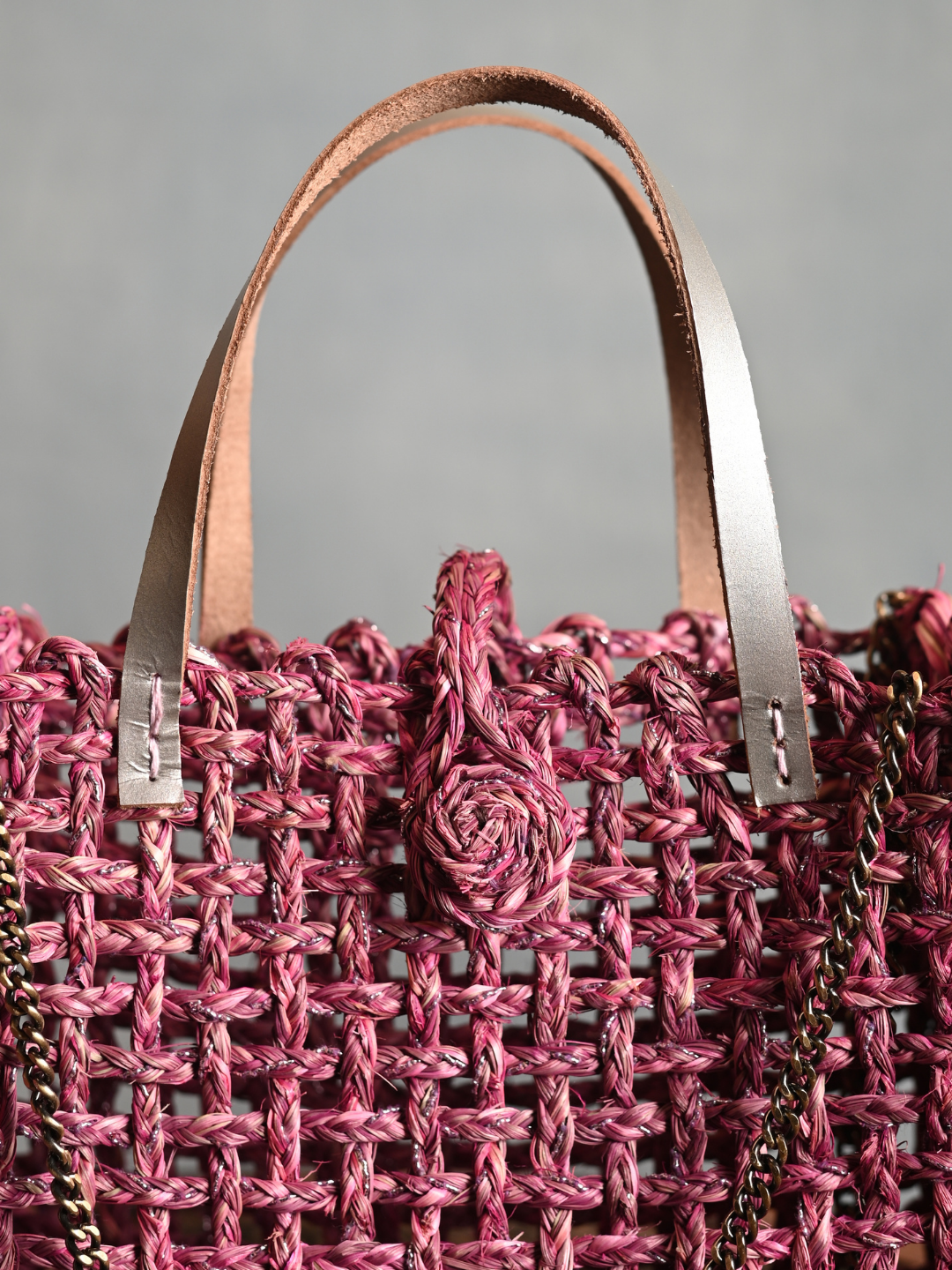 Handmade Sabai Grass Mini Zari Mesh Bag - Pink