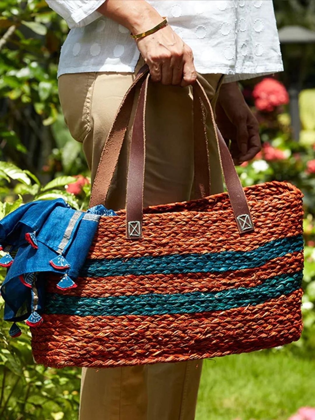 Handmade Sabai Grass Shopping Bag - Orange & Indigo